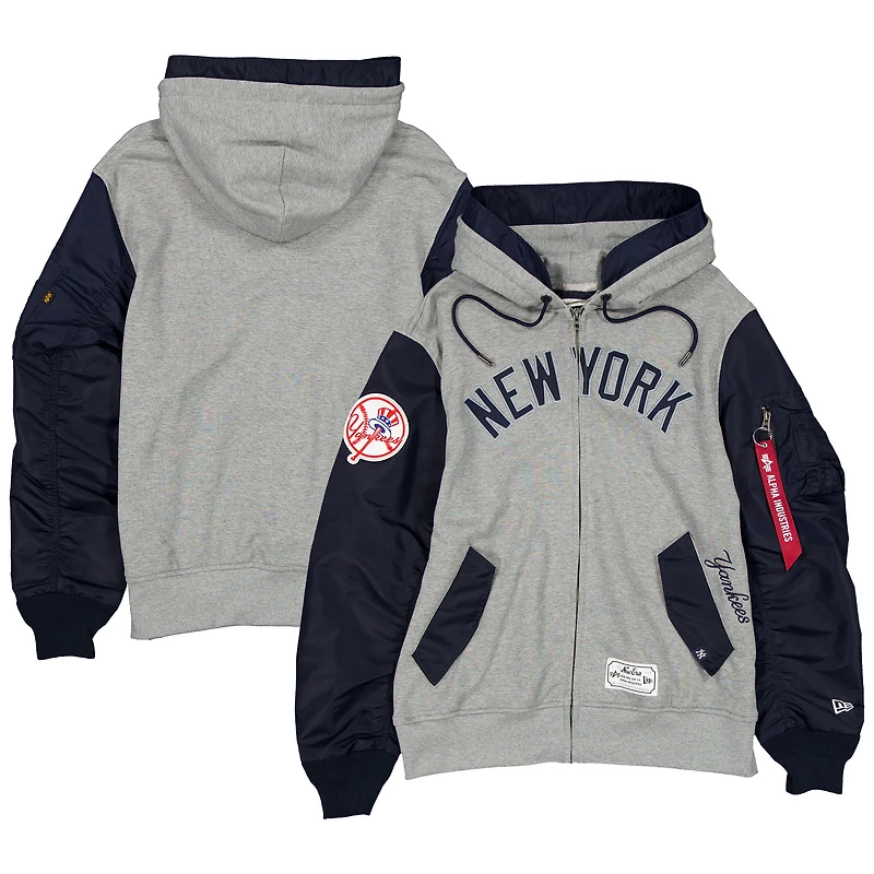 Men's New Era x Alpha Industries Heather Gray/Navy New York Yankees Full-Zip Hoodie Jacket