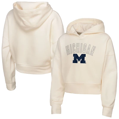 Girl's Youth Outerstuff Cream Michigan Wolverines Oversized Blitz Cropped Pullover Hoodie