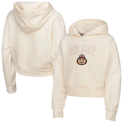 Girl's Youth Outerstuff Cream Ohio State Buckeyes Oversized Blitz Cropped Pullover Hoodie