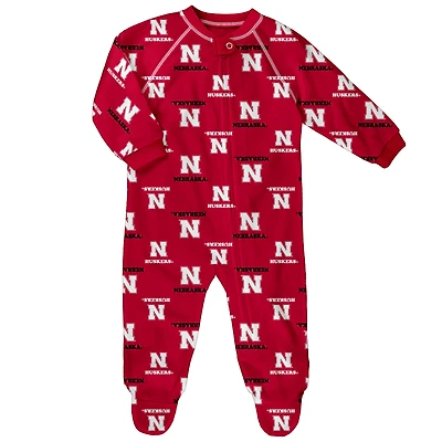 Newborn and Infant Outerstuff Scarlet Nebraska Huskers All-Over Print Raglan Full-Zip Coverall