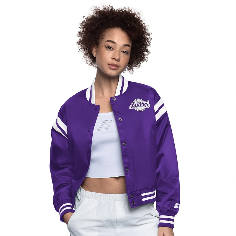 Women's Starter Purple/White Los Angeles Lakers Full Count Satin Full-Snap Varsity Jacket