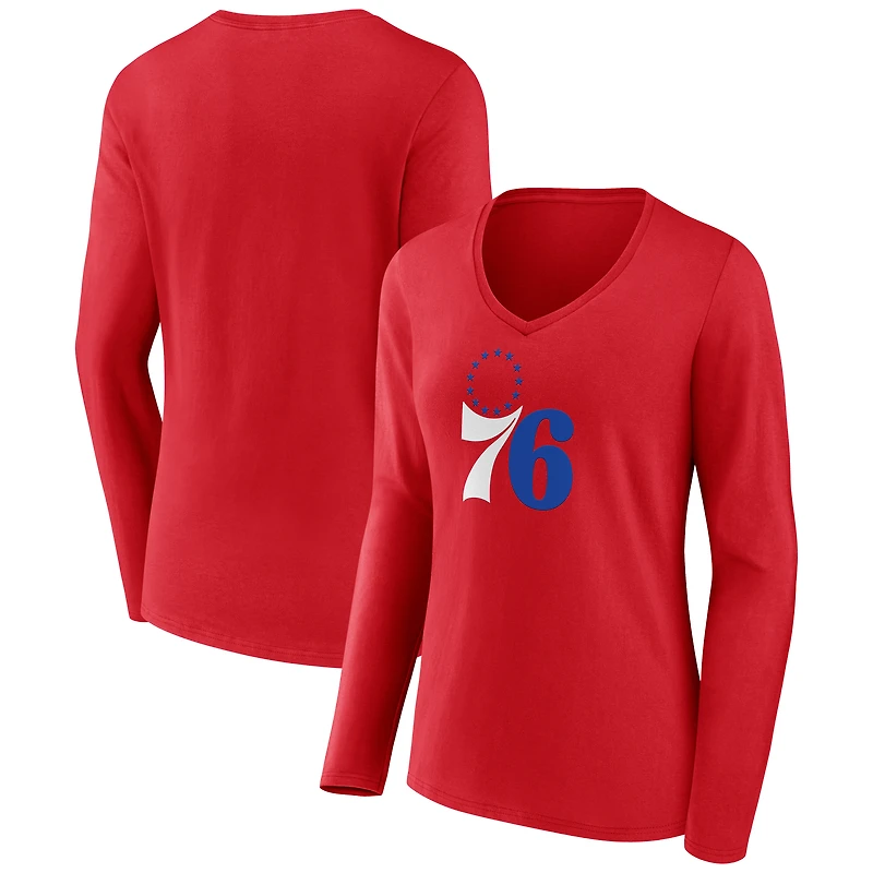 Women's  Red Philadelphia 76ers Primary Logo Long Sleeve V-Neck T-Shirt