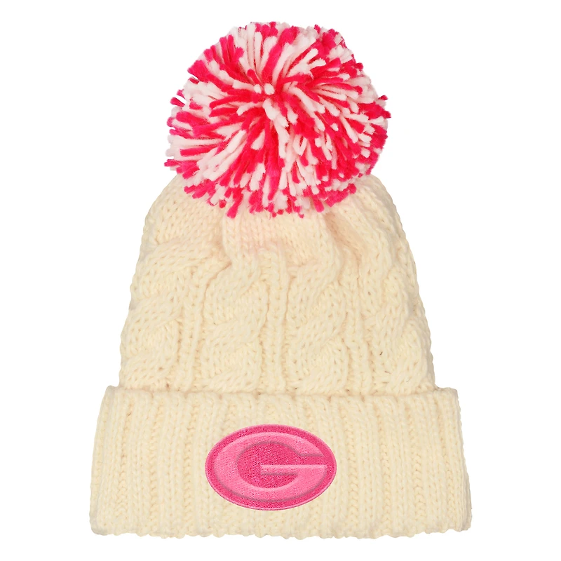 Girls Outerstuff  White Green Bay Packers Cable Cuffed Knit Hat with Pom