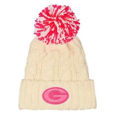 Girls Outerstuff  White Green Bay Packers Cable Cuffed Knit Hat with Pom