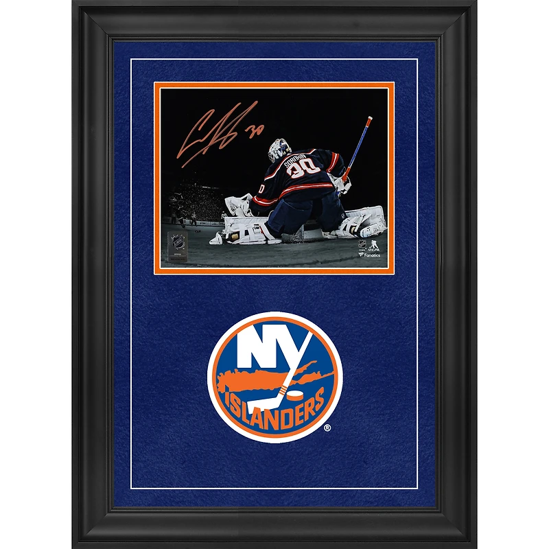 Ilya Sorokin New York Islanders Autographed Deluxe Framed 8" x 10" Reverse Retro Jersey Making Save Spotlight Photograph