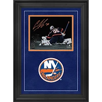 Ilya Sorokin New York Islanders Autographed Deluxe Framed 8" x 10" Reverse Retro Jersey Making Save Spotlight Photograph