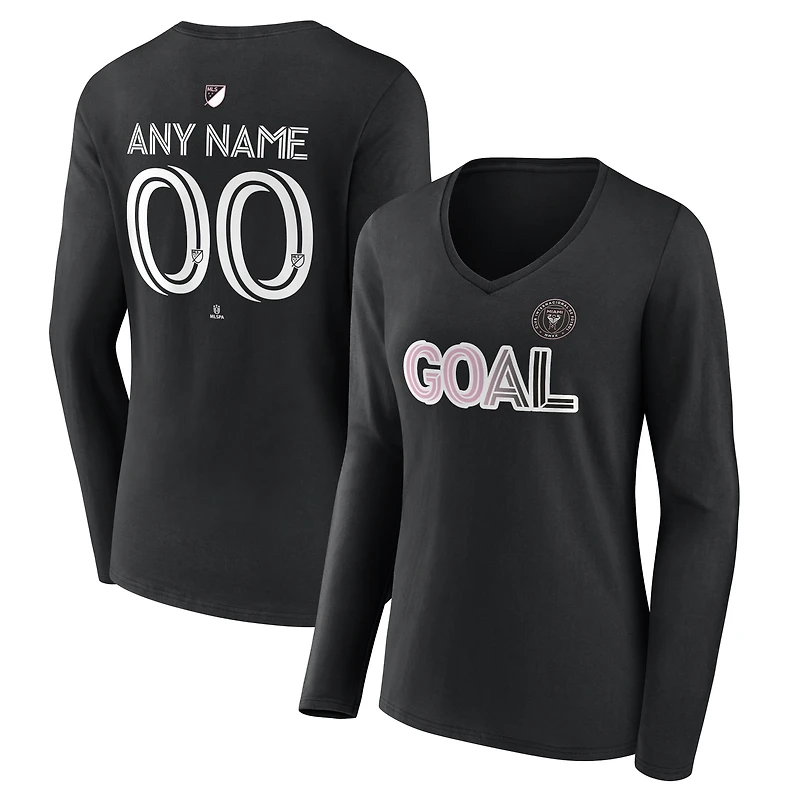 Women's Black Inter Miami CF Goal Custom V-Neck Long Sleeve T-Shirt