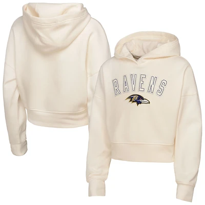 Girls Youth Outerstuff Cream Baltimore Ravens Oversized Cropped Blitz Hoodie