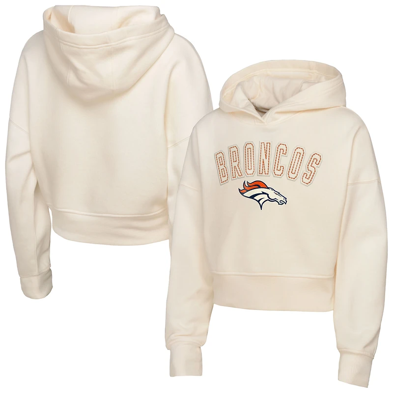Girls Youth Outerstuff Cream Denver Broncos Oversized Cropped Blitz Hoodie