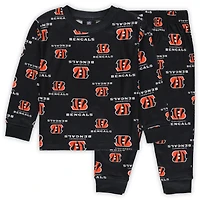 Toddler Outerstuff Black Cincinnati Bengals All-Over-Print Long Sleeve T-Shirt and Pants Sleep Set