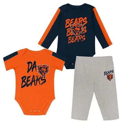 Infant Outerstuff Navy/Orange Chicago Bears Double Down Bodysuits and Pants 3-Piece Set
