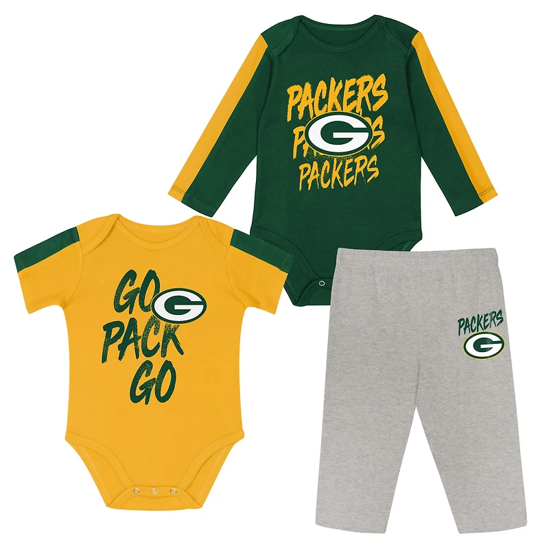 Infant Outerstuff Green/Gold Green Bay Packers Double Down Bodysuits and Pants 3-Piece Set
