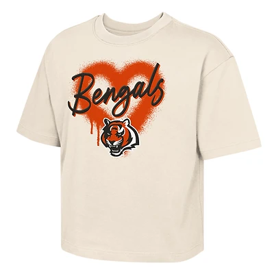 Girl's Youth Outerstuff Cream Cincinnati Bengals Spray Heart Boxy T-Shirt