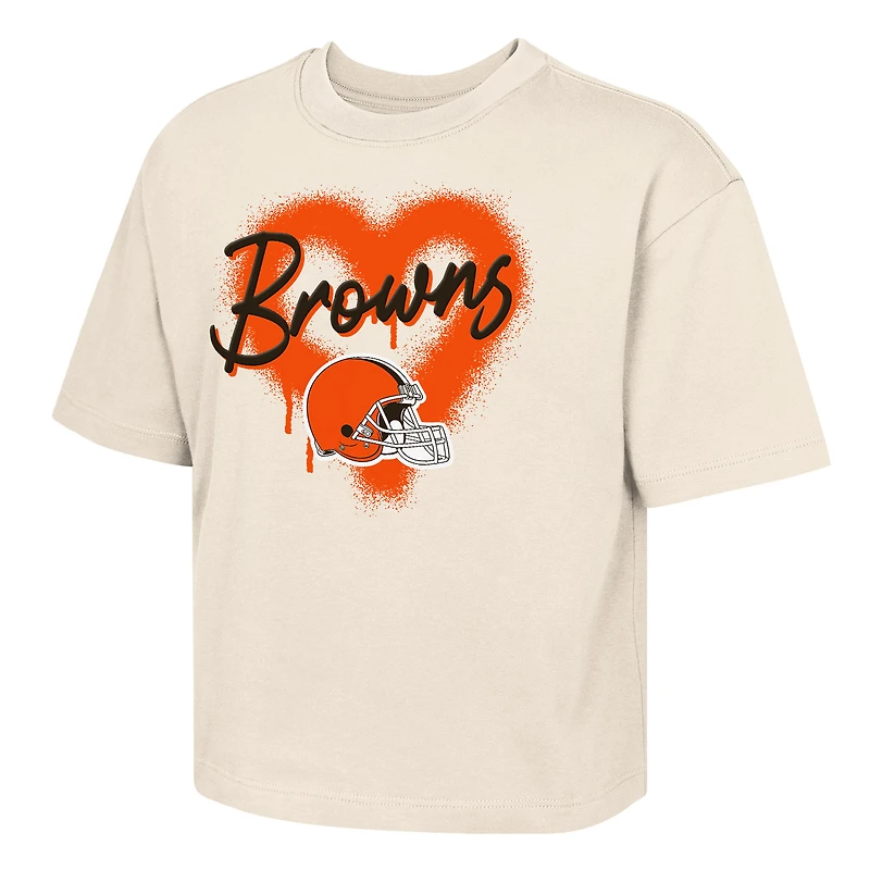 Girl's Youth Outerstuff Cream Cleveland Browns Spray Heart Boxy T-Shirt
