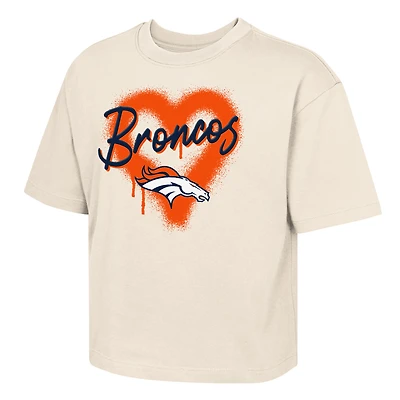 Girl's Youth Outerstuff Cream Denver Broncos Spray Heart Boxy T-Shirt