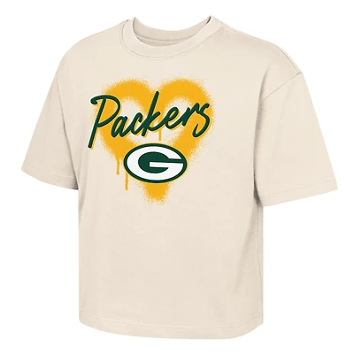 Girl's Youth Outerstuff Cream Green Bay Packers Spray Heart Boxy T-Shirt