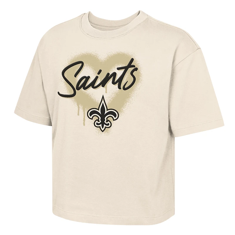 Girl's Youth Outerstuff Cream New Orleans Saints Spray Heart Boxy T-Shirt