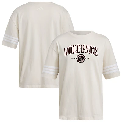 Women's adidas Cream NC State Wolfpack Fashion Three-Stripes Oversized T-Shirt