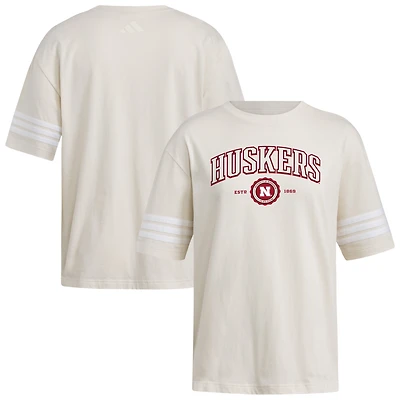 Women's adidas Cream Nebraska Huskers Fashion Three-Stripes Oversized T-Shirt