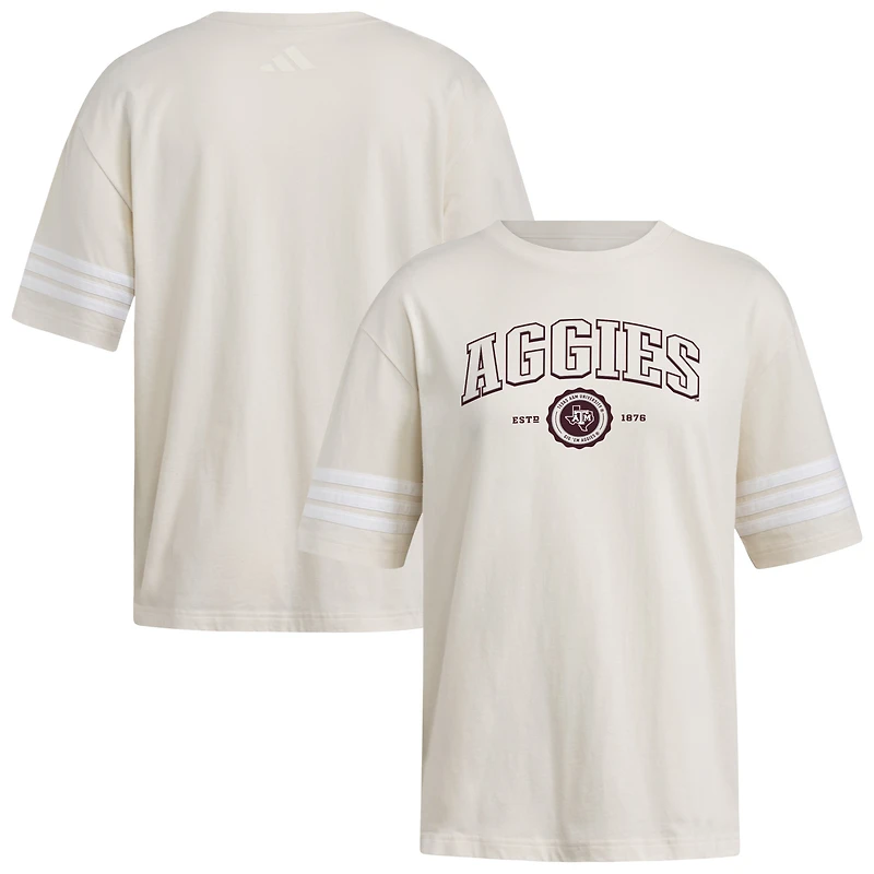Women's adidas Cream Texas A&M Aggies Fashion Three-Stripes Oversized T-Shirt