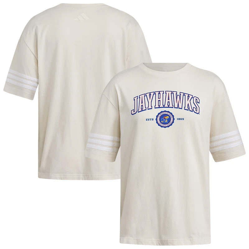 Women's adidas Cream Kansas Jayhawks Fashion Three-Stripes Oversized T-Shirt
