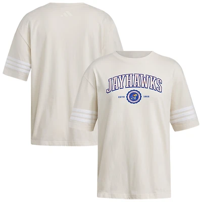 Women's adidas Cream Kansas Jayhawks Fashion Three-Stripes Oversized T-Shirt