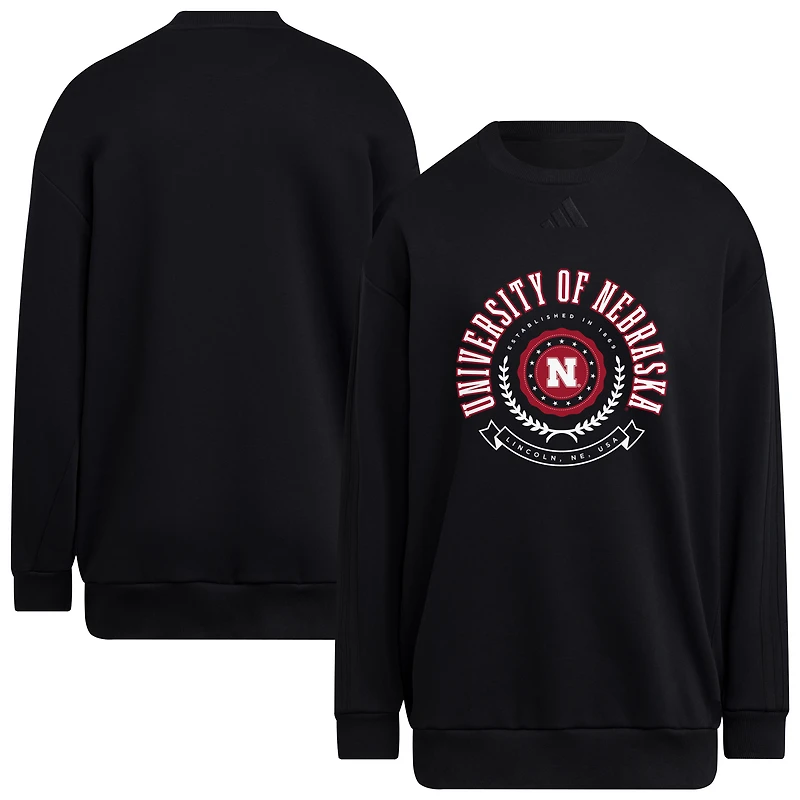 Women's adidas Black Nebraska Huskers Oversized Crewneck Pullover