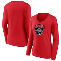 Women's Red Florida Panthers Primary Logo Long Sleeve V-Neck T-Shirt