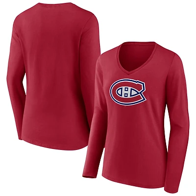 Women's Red Montreal Canadiens Primary Logo Long Sleeve V-Neck T-Shirt