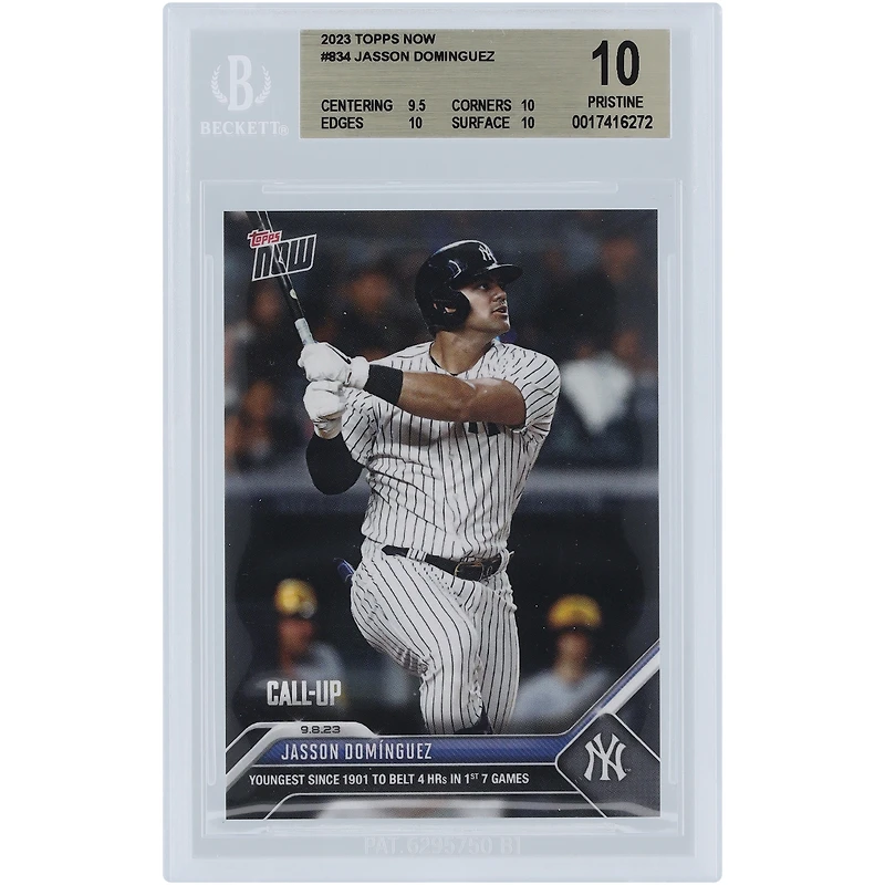 Jasson Domínguez New York Yankees 2023 Topps Now Youngest Since 1901 to Belt 4 HR's in 1st 7 Games #834 BGS Authenticated 10 Rookie Card - 9.5,10,10,10 Subgrades