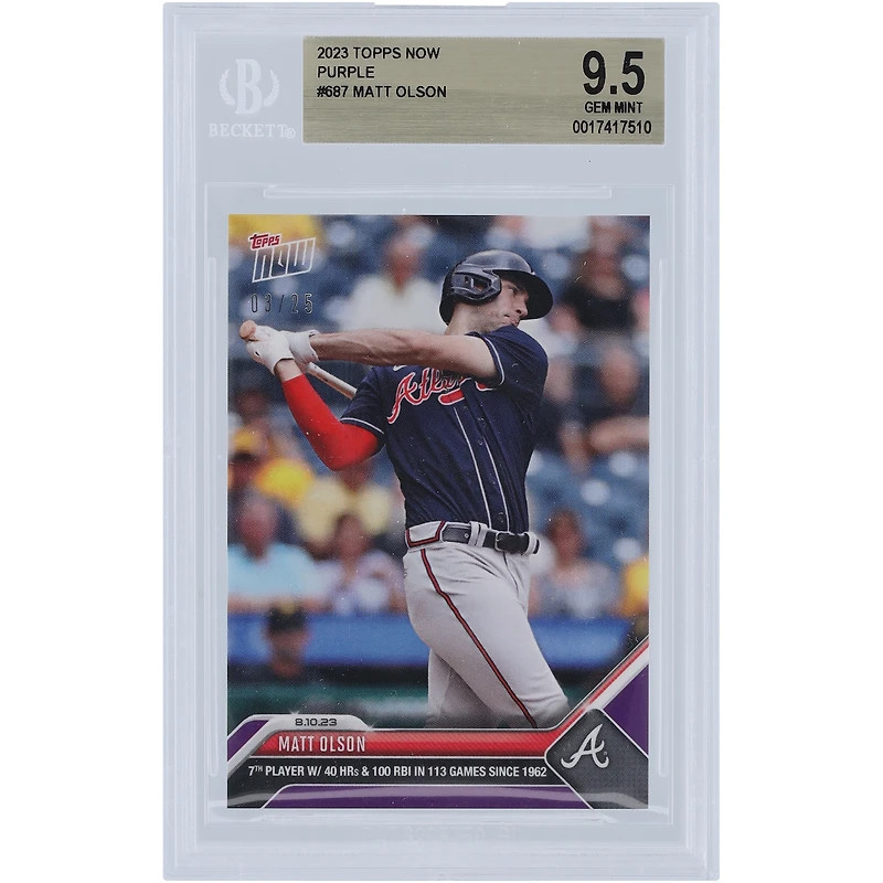Matt Olson Atlanta Braves 2023 Topps Now Purple 7th Player with 40 HR & 100 RBI in 113 Games #687 #/25 BGS Authenticated 9.5 Card