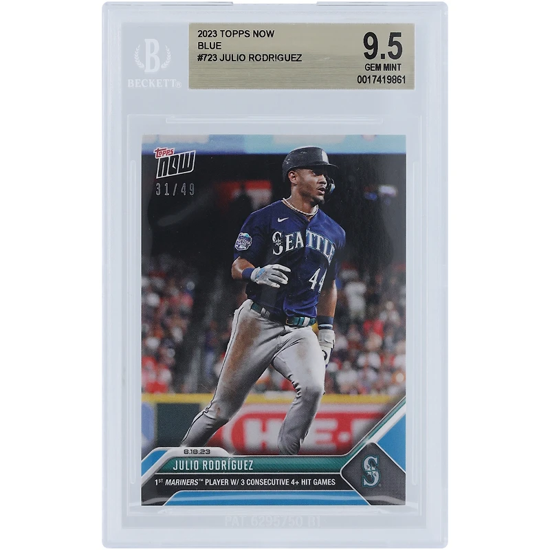 Julio Rodriguez Seattle Mariners 2023 Topps Now 1st Mariners Player w/ 3 Consecutive 4+ Hit Games Blue #723 #/49 BGS Authenticated 9.5 Card