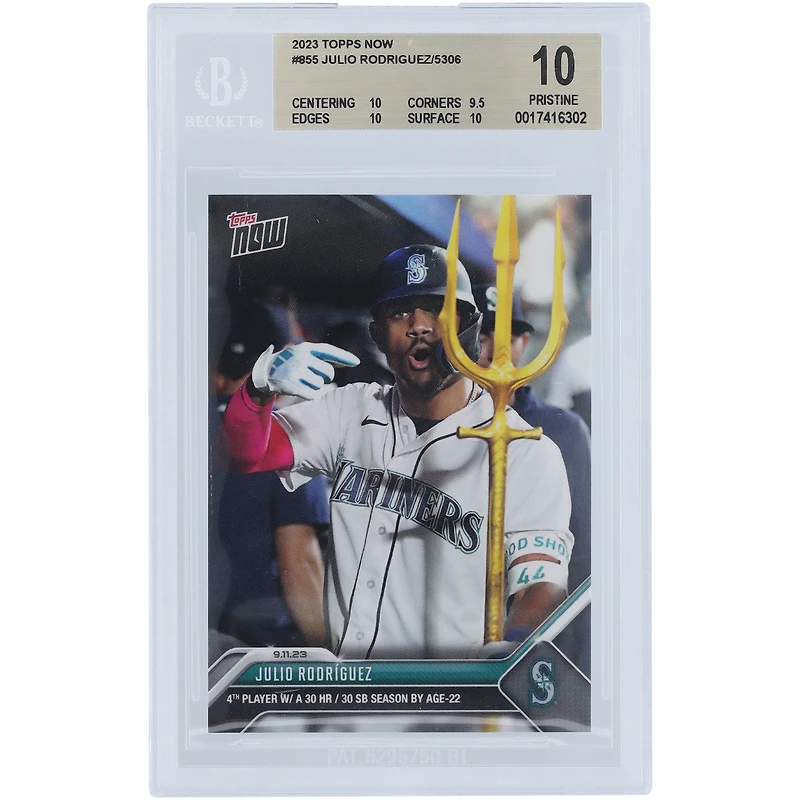 Julio Rodriguez Seattle Mariners 2023 Topps Now 4th Player w/ 30 HR & 30 SB Season By Age 22 #855 BGS Authenticated 10 Card - 10,9.5,10,10 Subgrades