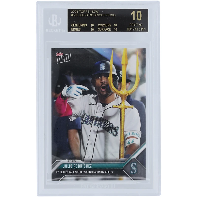 Julio Rodriguez Seattle Mariners 2023 Topps Now 4th Player w/ 30 HR & 30 SB Season By Age 22 Black Label #855 BGS Authenticated 10 Card - 10,10,10,10 Subgrades