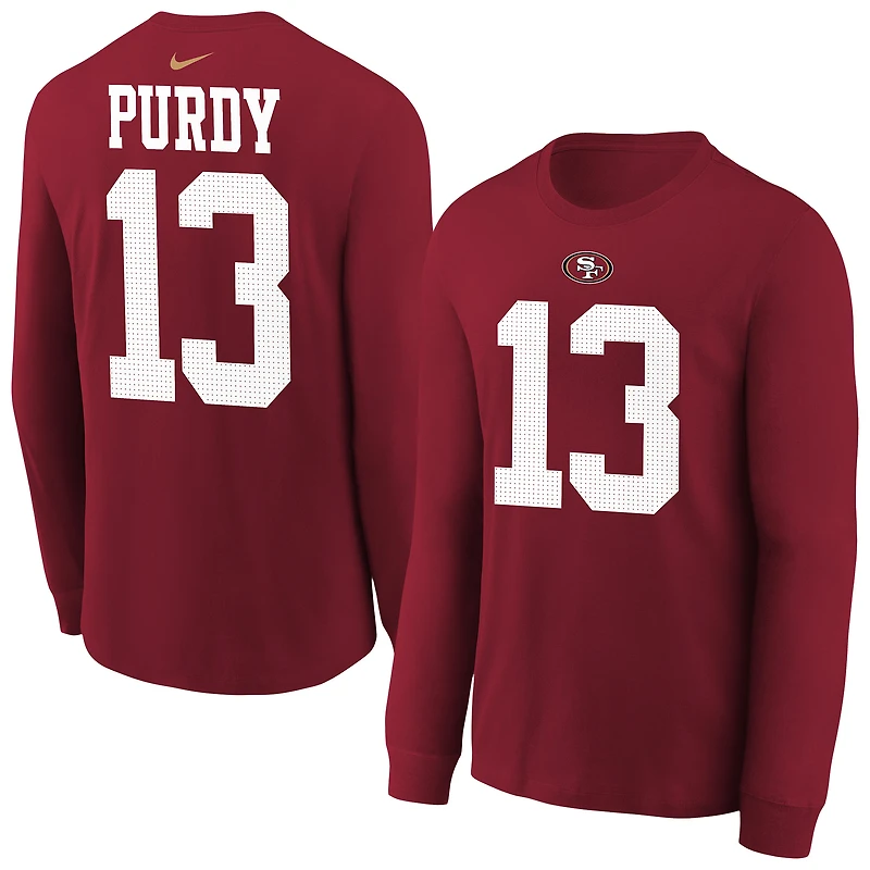 Youth Nike Brock Purdy Scarlet San Francisco 49ers Player Name & Number Long Sleeve T-Shirt