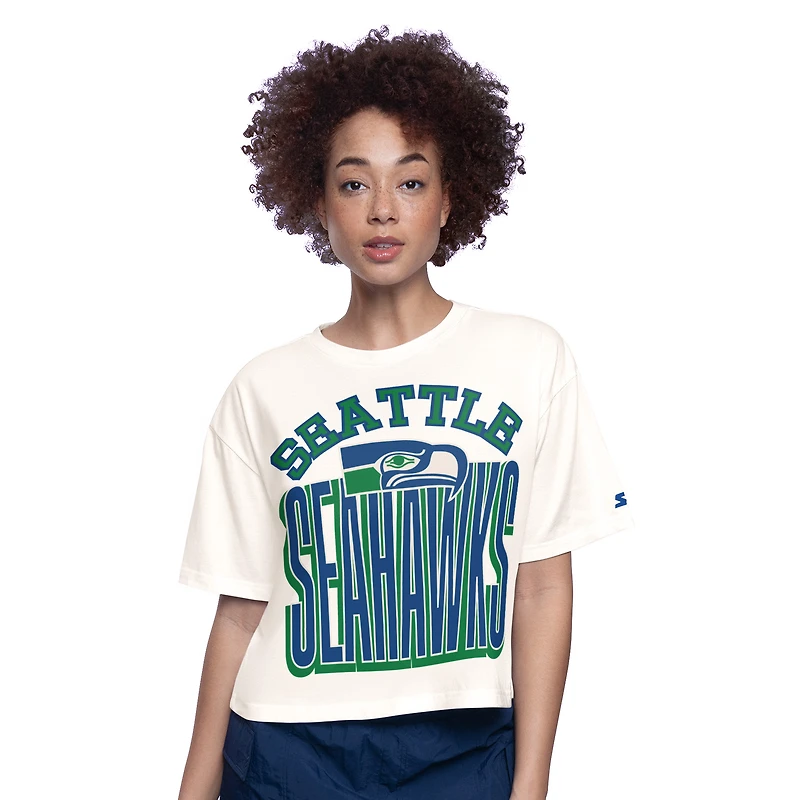 Women's Starter  White Seattle Seahawks Throwback Play the Ball Boxy Cropped T-Shirt