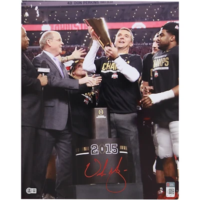 Urban Meyer Ohio State Buckeyes Autographed 16" x 20" Trophy Celebration Photograph - BAS