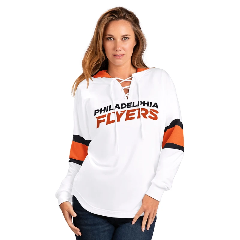 Women's G-III 4Her by Carl Banks  White Philadelphia Flyers Goal Zone Long Sleeve Lace-Up Hoodie T-Shirt