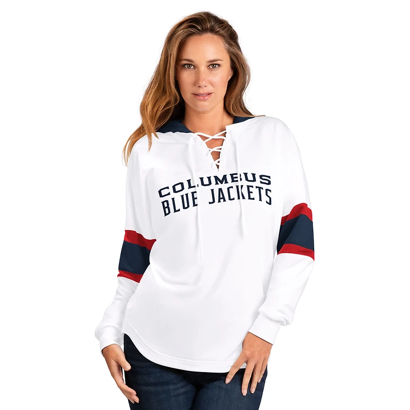 Women's G-III 4Her by Carl Banks White Columbus Blue Jackets Goal Zone Long Sleeve Lace-Up Hoodie T-Shirt