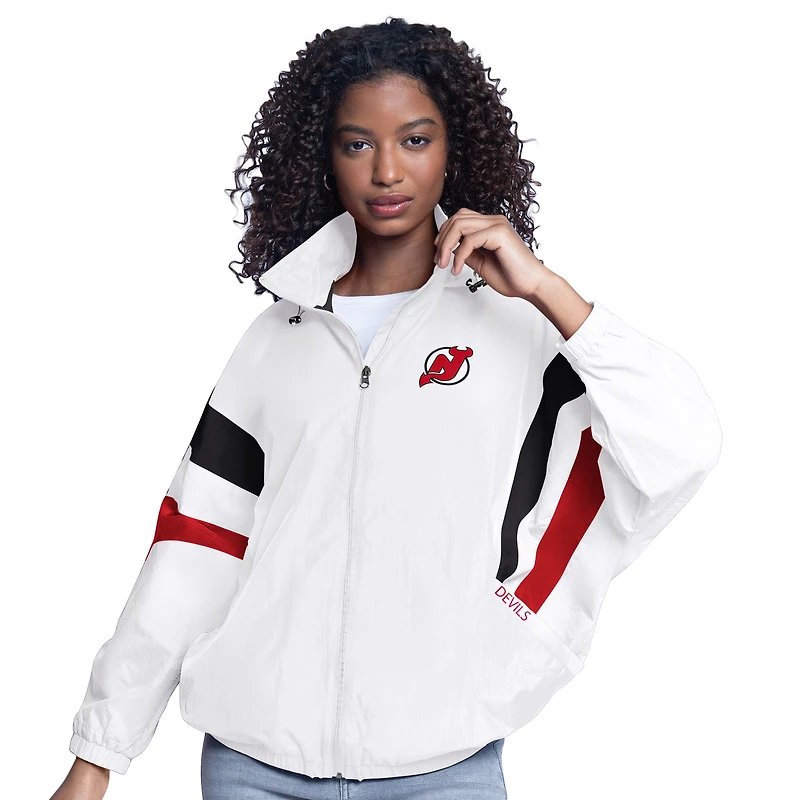 Women's G-III Sports by Carl Banks  White New Jersey Devils Game News Oversized Full-Zip Hoodie Jacket
