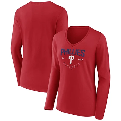 Women's Red Philadelphia Phillies Live For It Long Sleeve V-Neck T-Shirt