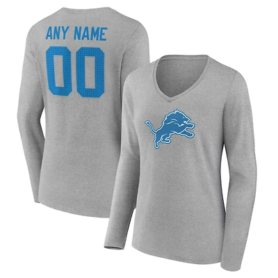 Women's  Gray Detroit Lions Team Authentic Custom V-Neck Long Sleeve T-Shirt