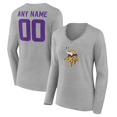 Women's  Gray Minnesota Vikings Team Authentic Custom V-Neck Long Sleeve T-Shirt