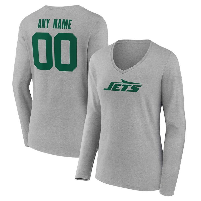 Women's  Gray New York Jets Team Authentic Custom V-Neck Long Sleeve T-Shirt