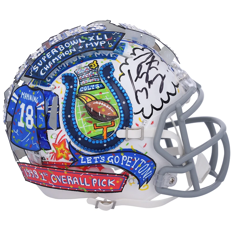 Peyton Manning Indianapolis Colts Autographed 2004-19 Throwback Riddell Speed Mini Helmet - Art by Charles Fazzino - RG1331314