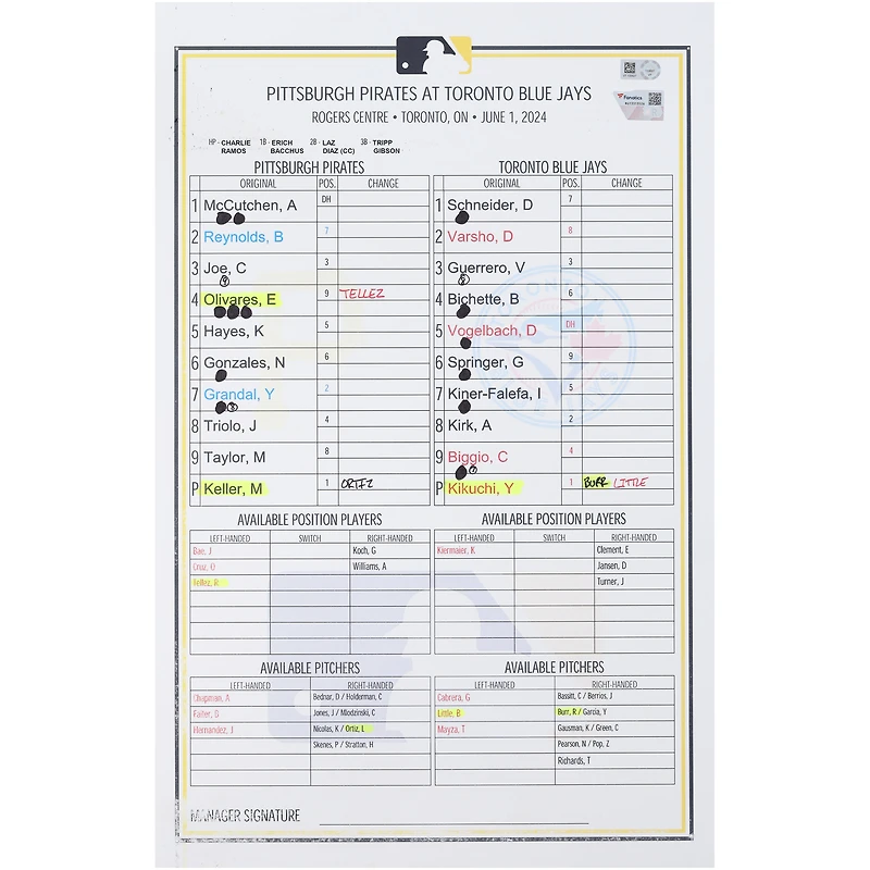 Pittsburgh Pirates Game-Used Lineup Card vs. Toronto Blue Jays on June 1, 2024