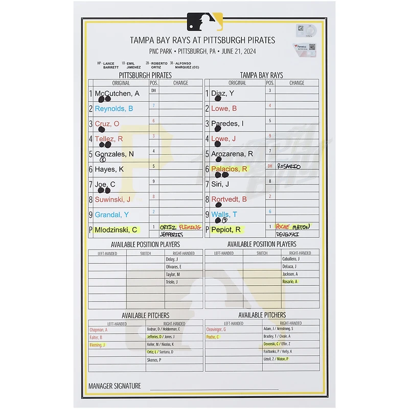 Pittsburgh Pirates Game-Used Lineup Card vs. Tampa Bay Rays on June 21, 2024
