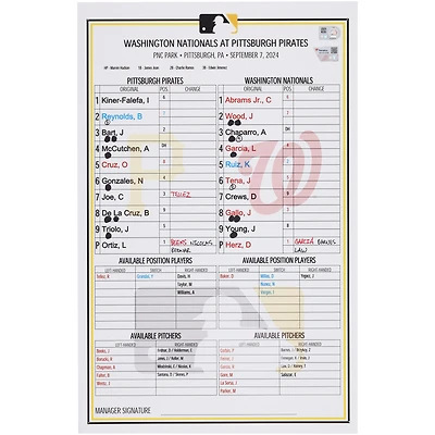 Pittsburgh Pirates Game-Used Lineup Card vs. Washington Nationals on September 7, 2024