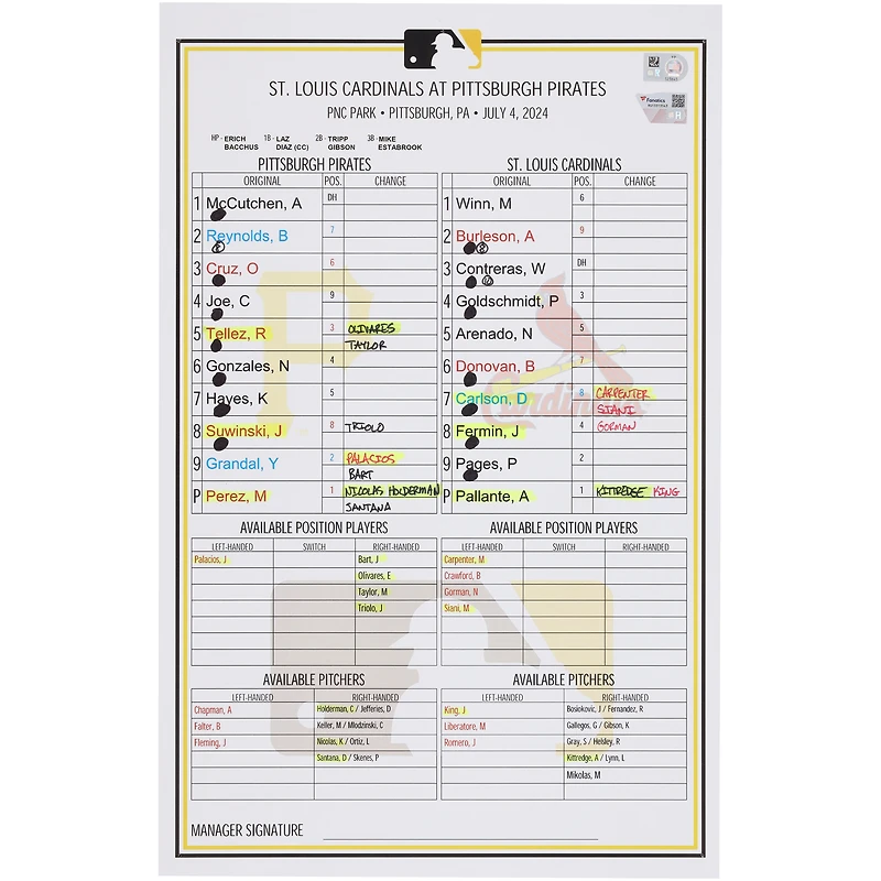 Pittsburgh Pirates Game-Used Lineup Card vs. St. Louis Cardinals on July 4, 2024