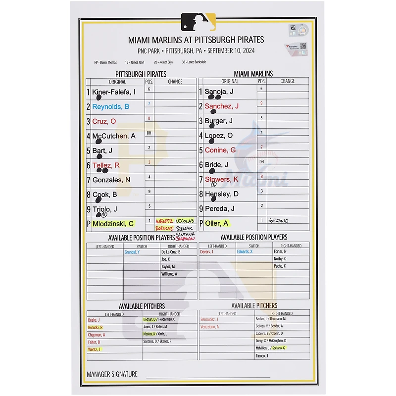 Pittsburgh Pirates Game-Used Lineup Card vs. Miami Marlins on September 10, 2024